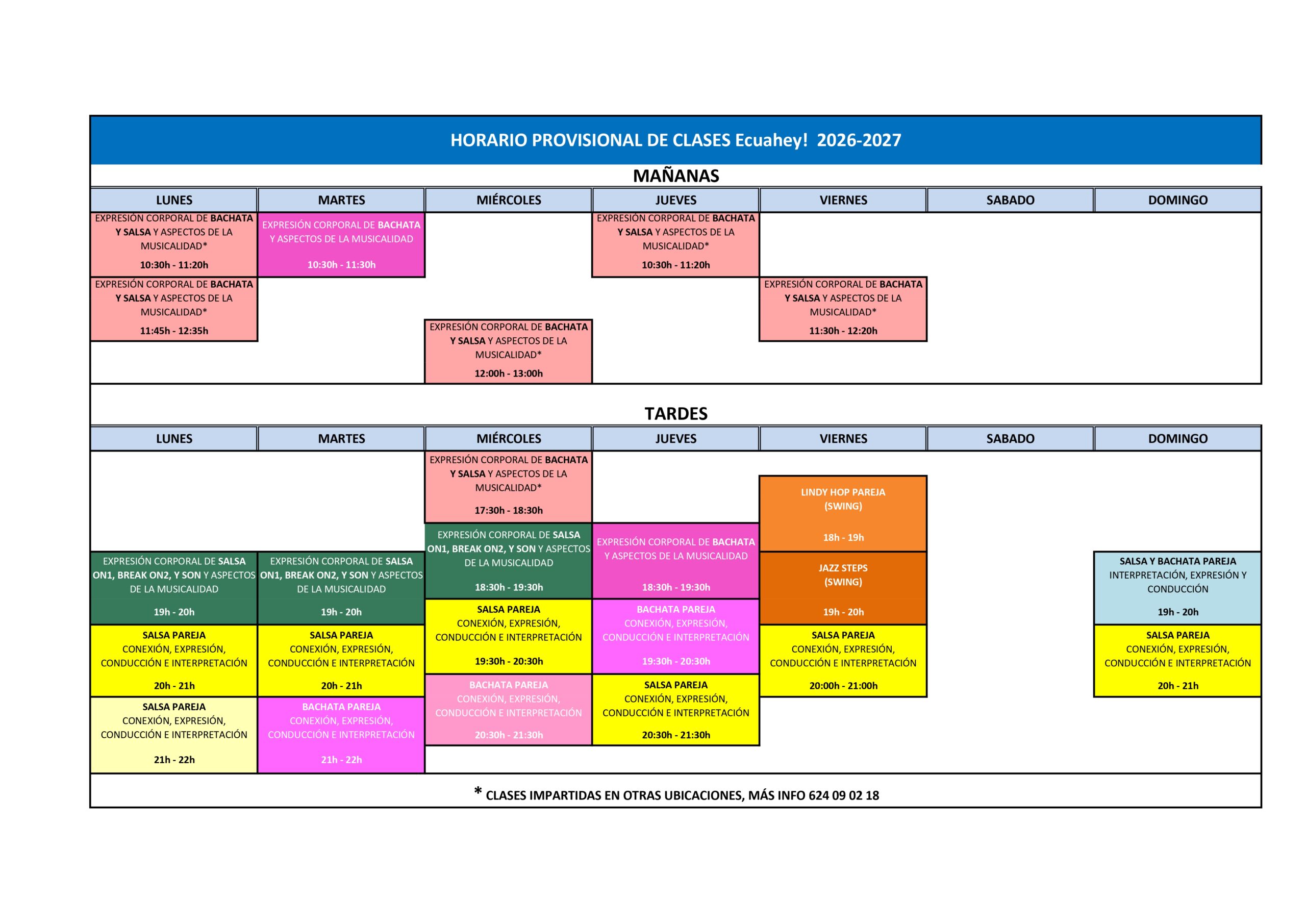 NUEVO HORARIO PROVISIONAL DE CLASES 2026-2027